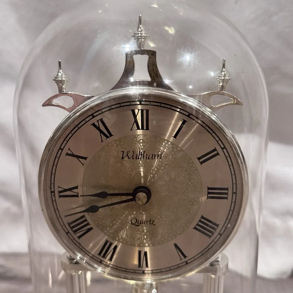 Vintage Waltham German Anniversary Clock Gold Tone Quartz Glass Dome Cover Works